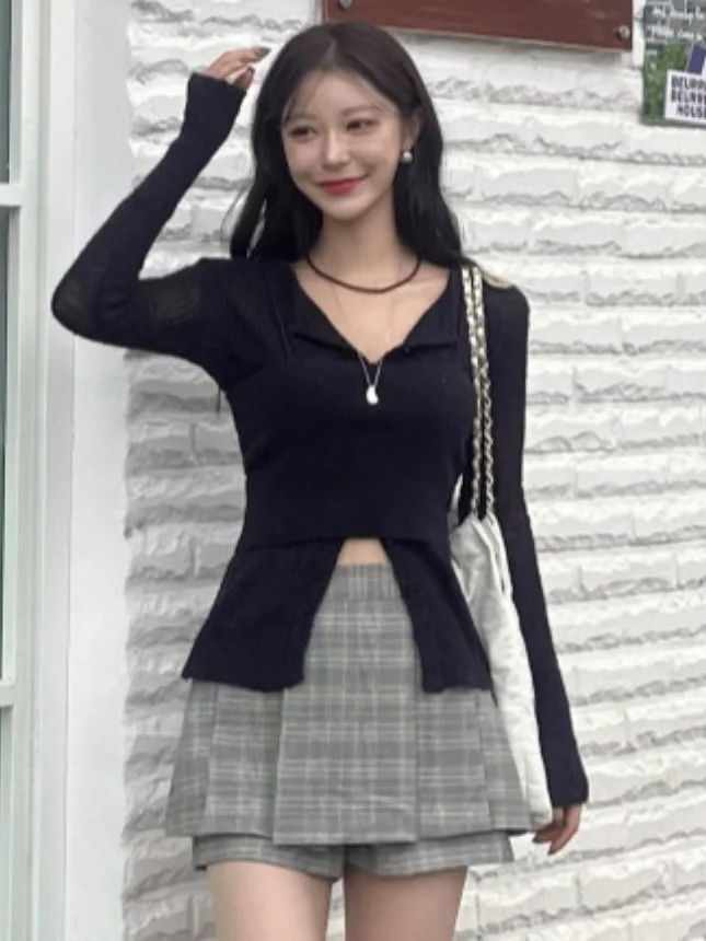 

Chic Early Spring Long Sve Knitted Sweater ort Sle Single Button round Ne Top Bot Set Versatile Faionable Wome...