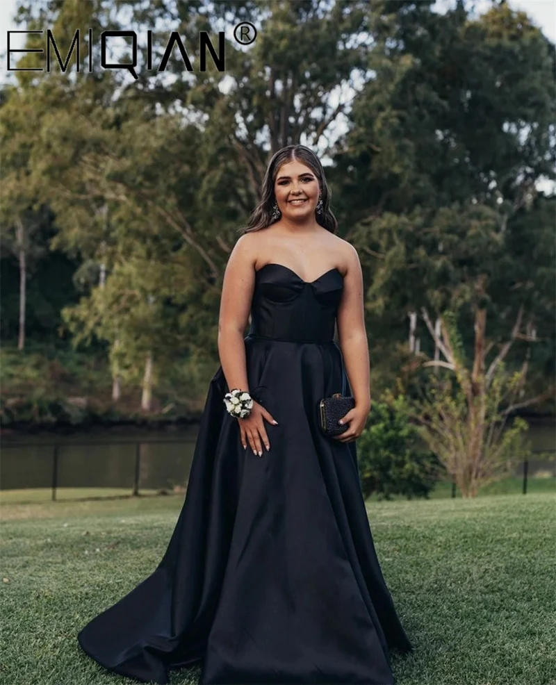 Strapless Black Satin Prom Dresses Plus Size Evening Dress Bride Bridesmaid Wedding Formal Occasions Party Dresses