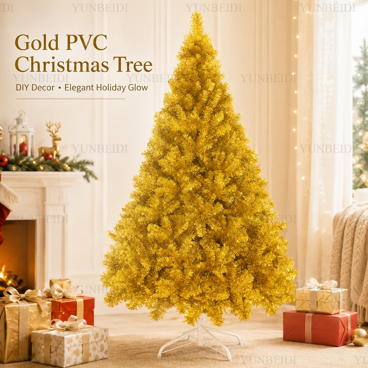 Luxuriöser Goldener Künstlicher Weihnachtsbaum 120-240cm Einzigartiger PVC-Weihnachtsbaum mit LED-Warmlichtern Metallständer Weihnachtsdekoration für Zuhause