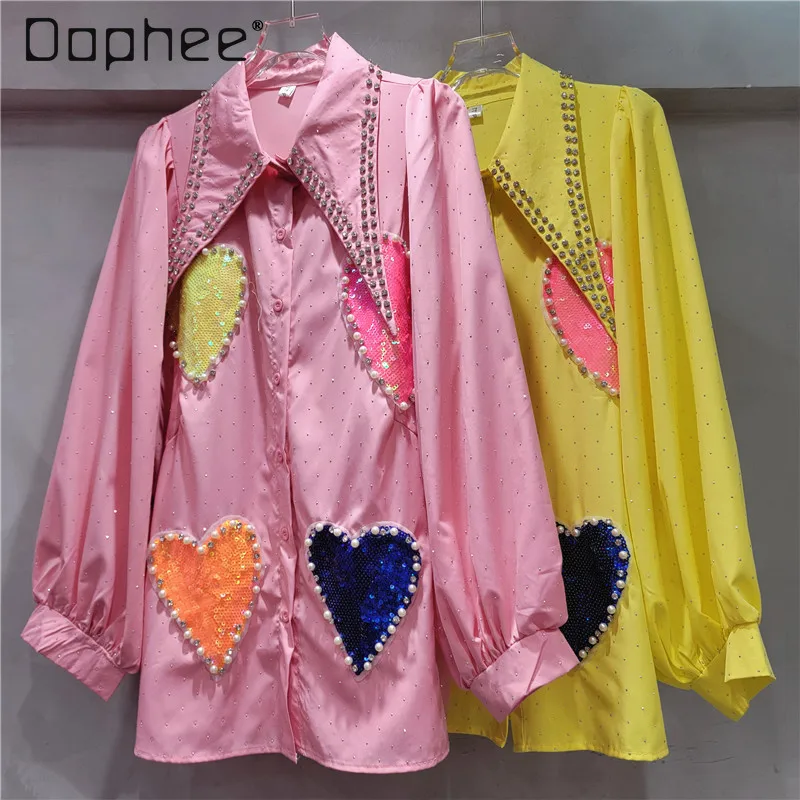 

2025 Early Spring New Heavy Industry Hot Diamond Color Love Sequined Beads Long Sleeve Versatile Loose Shirt Tide Womens Tops