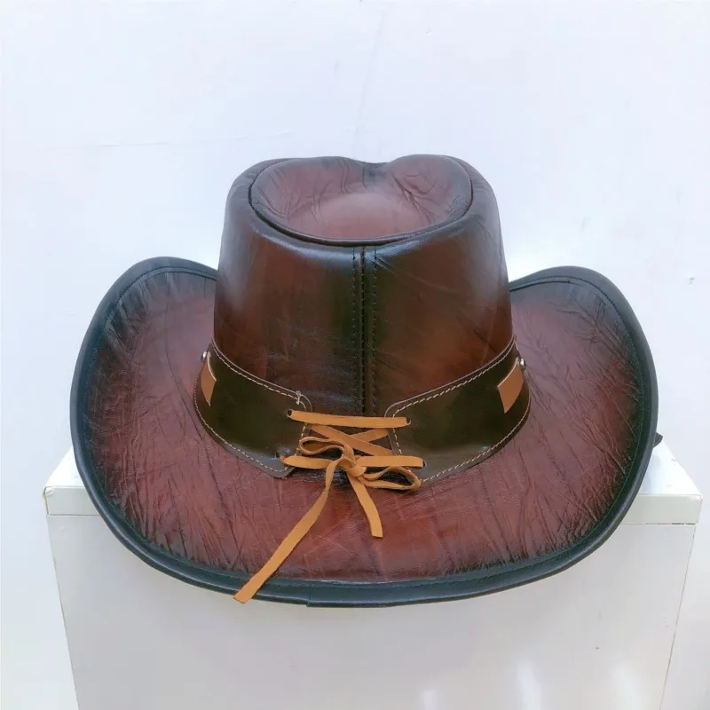 leather hats for men and women vintage large overhang Fisherman Rider layer cowhide outdoor riding