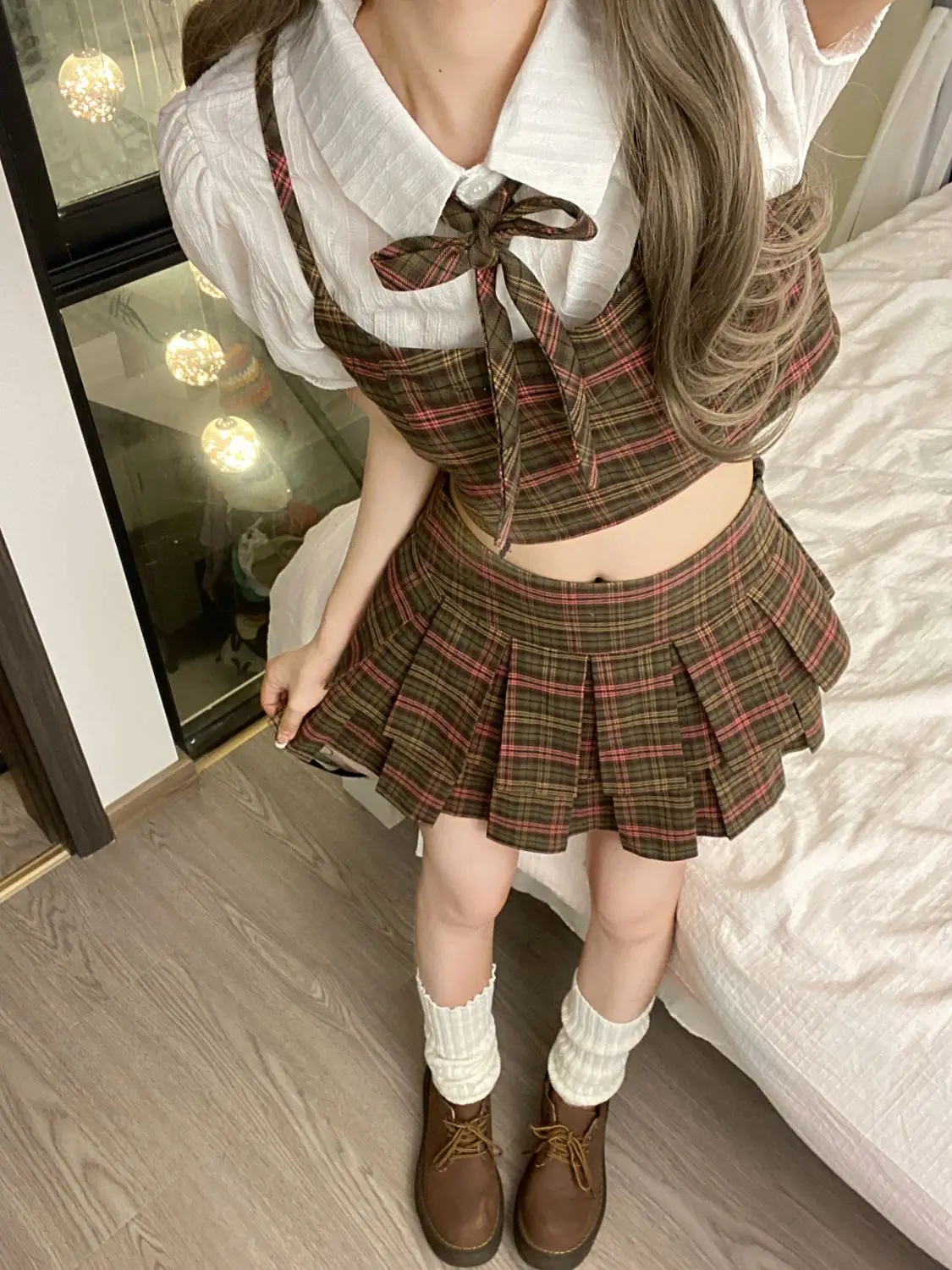 Summer College Style Two piece Sets Women Outfits Plaid Short Shirt High Waist Pleated Skirt Set Spicy Girl JK Uniform Suit