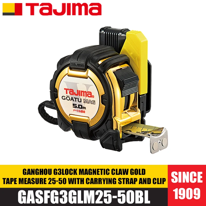 TAJIMA GASFG3GLM25-50BL Ganghou G3LOCK Cinta métrica dorada con garra magnética 25-50 con correa de transporte y herramientas de medición con clip