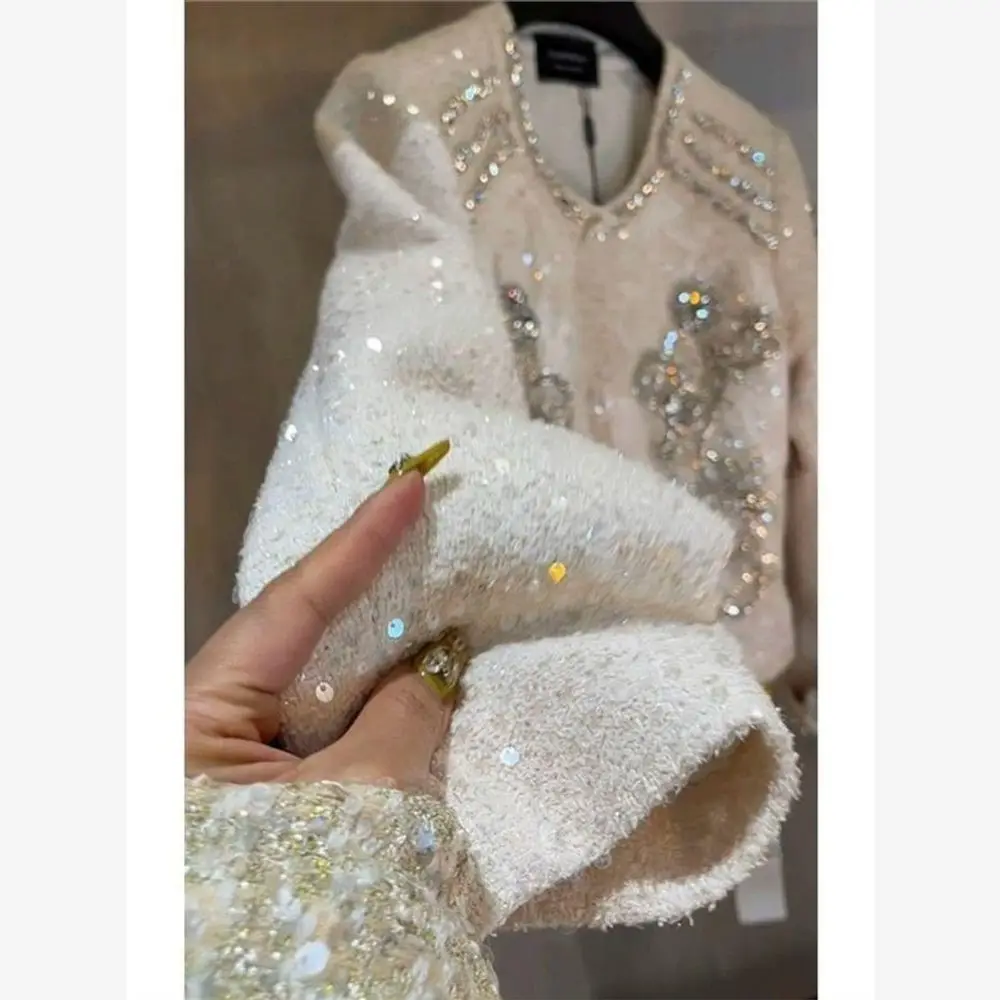 

2025 Spring Elegant Sequin Rhinestone Short Jacket and High Waist Skirt Set for Women Chic Tweed Two Piece Outfit Trendy Fashion