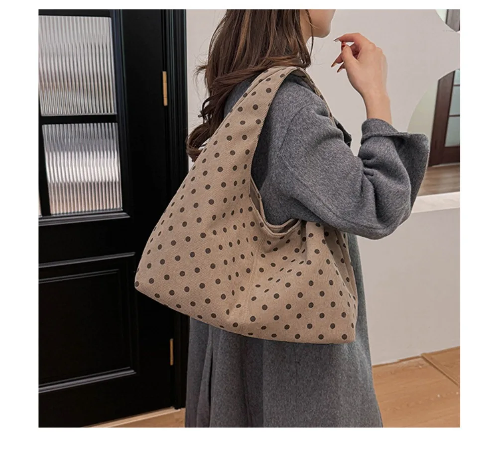 Neue Damenhandtasche mit Polka-Dot-Muster, lässige Umhängetasche aus Cord, große Tragetasche für den täglichen Pendelverkehr – Detail 11