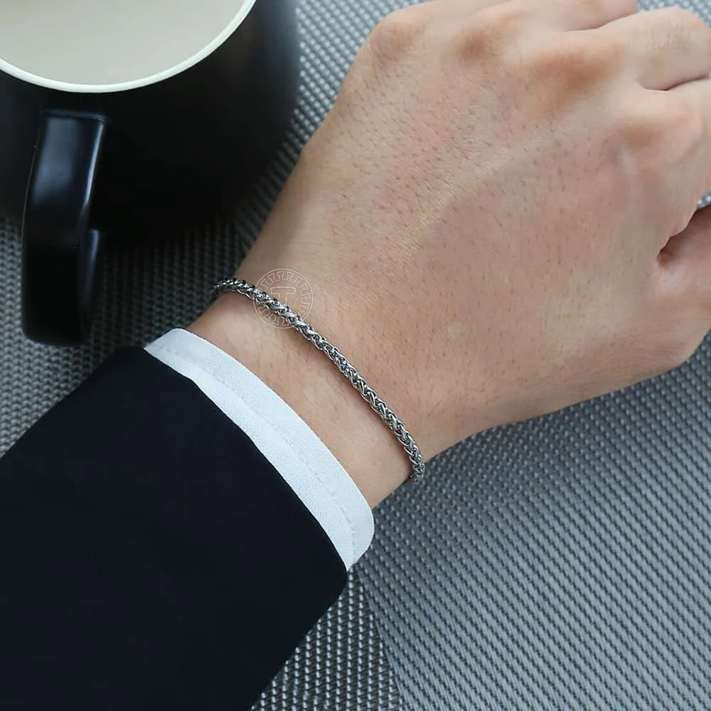 Pulsera de eslabones de trigo para hombre y mujer, brazalete de acero inoxidable, cadena de eslabones de trigo, joyería de moda, 3mm, DKBM01