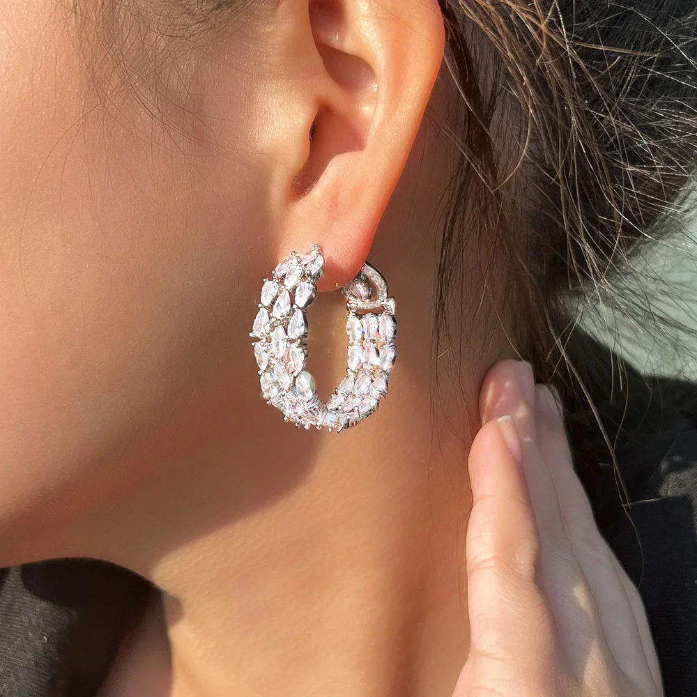 CWWZircons Clear White Double Sided CZ Paved Triple Round Big Chunky Hoop Earrings for Women Luxury Wedding Party Jewerly CZ498