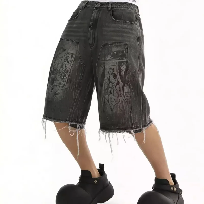 

American Style High Street Fashion Brand Handsome Printing Loose Wide Leg Washing Denim Short Pants For Man In Summer