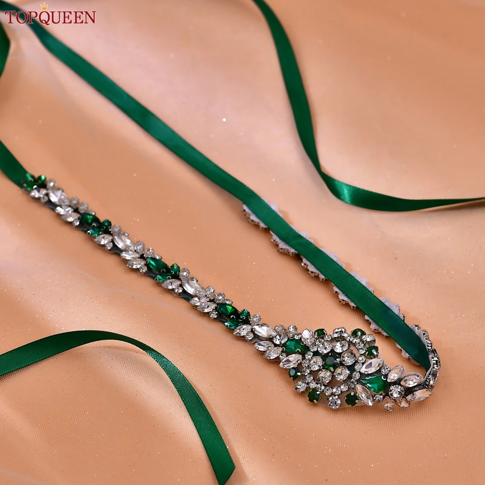 TOPQUEEN Wedding Belt Handmade Green Rhinestone Belt Wedding Accessories Bridal Spaghetti Belt Banquet Dress Decoration S124-KL