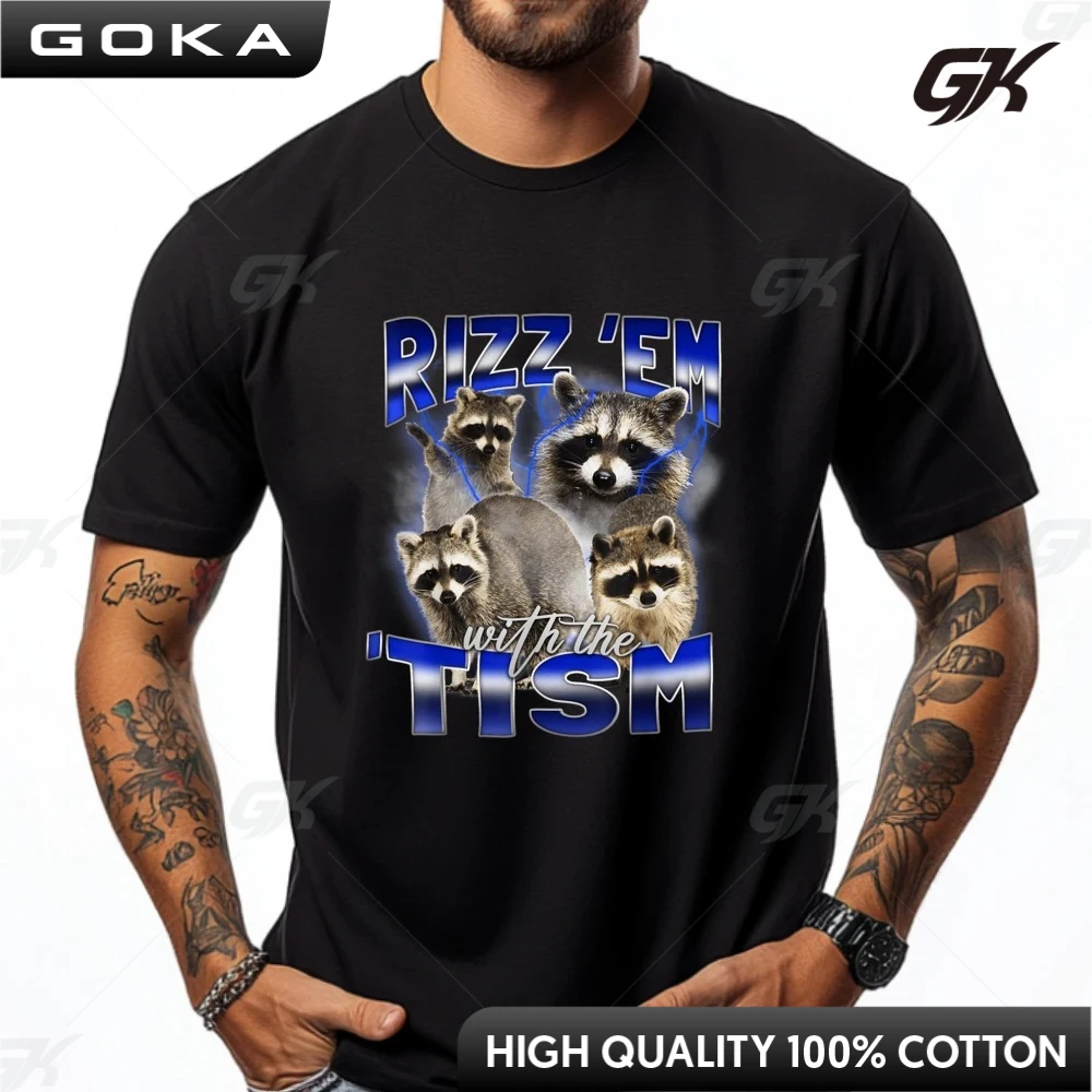 Rizz Em مع The Tism Meme Autistic Raccoon مضحك التوحد رجل الجرافيك بلايز الرجال الملابس مناسبة لارتداء مع الجينز #1