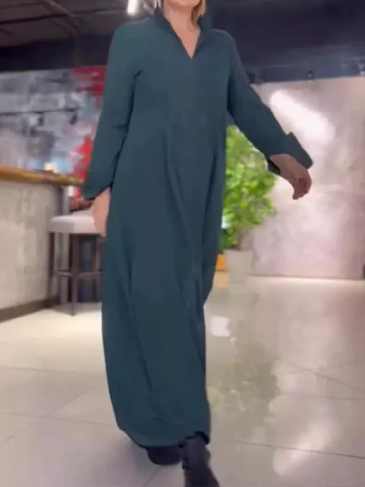 New Autumn And Winter Casual Solid Color V-neck Long-sleeved Pocket Dress For Women Fashion Elegant Black Loose Dresses Femme