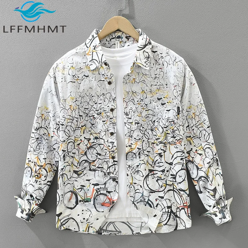 

7756 100% хлопок, хорошее качество, мужская рубашка с длинным рукавом, уличная одежда в японском стиле с принтом, винтажная легкая свободная повседневная блузка, топы