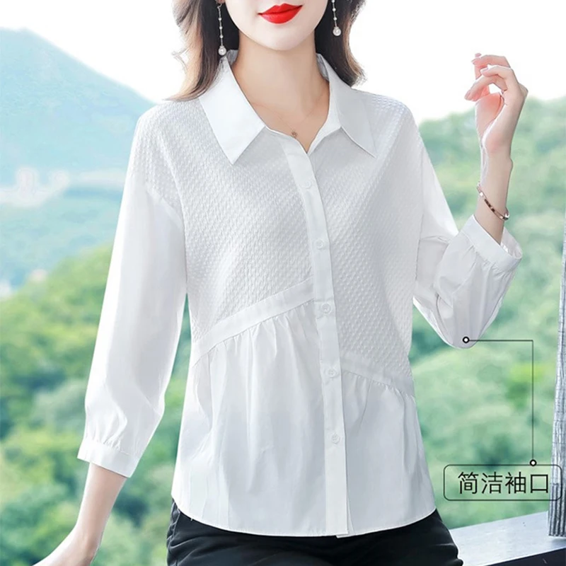 Cotton Elegant White Blouses Long Sleeve Korean Fit Spring Fall Shirts Chic Peplum Dobby Patchwork Office Blouse Top Women 2024