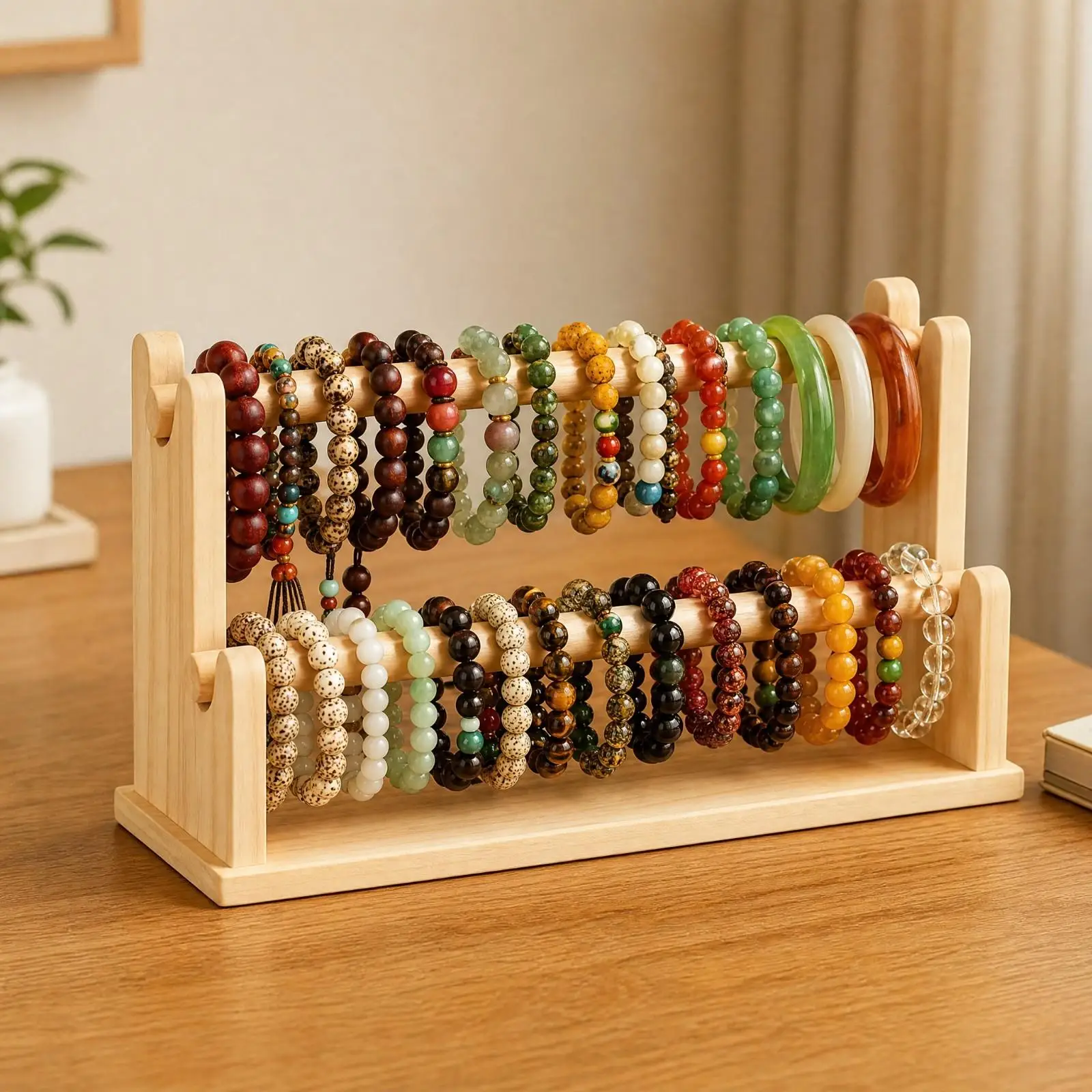 Rustic Wood Jewelry Display Rack Stand with Removable Rods and Rectangular Base for Necklace Bracelet Watch Organizer Boutique