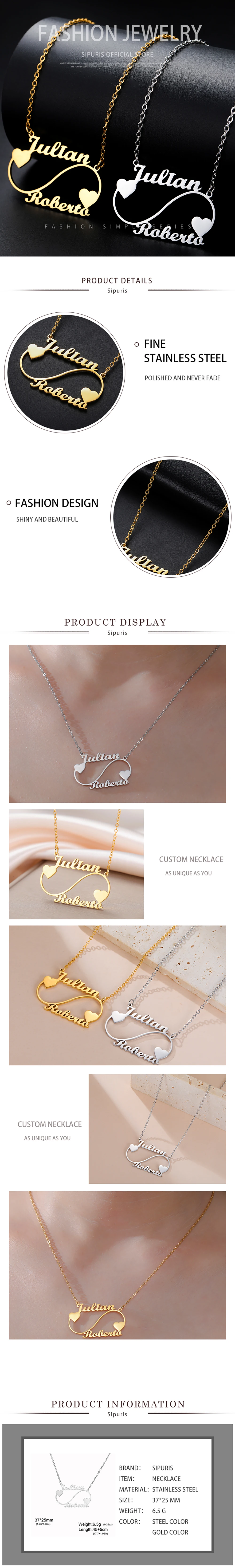 Sipuris Personalisierte Doppel-Namenskette Unendliche Liebe Herz Anpassung Goldener Choker Edelstahl-Schmuck Geschenke – Detail 6