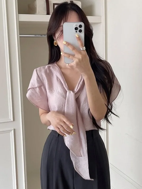 Csa E de Manga Corta con Cuello en V y Lazo para Mujer, Estilo Veraniego, Sensación de Madurez, Top Ultra Hermoso, ...