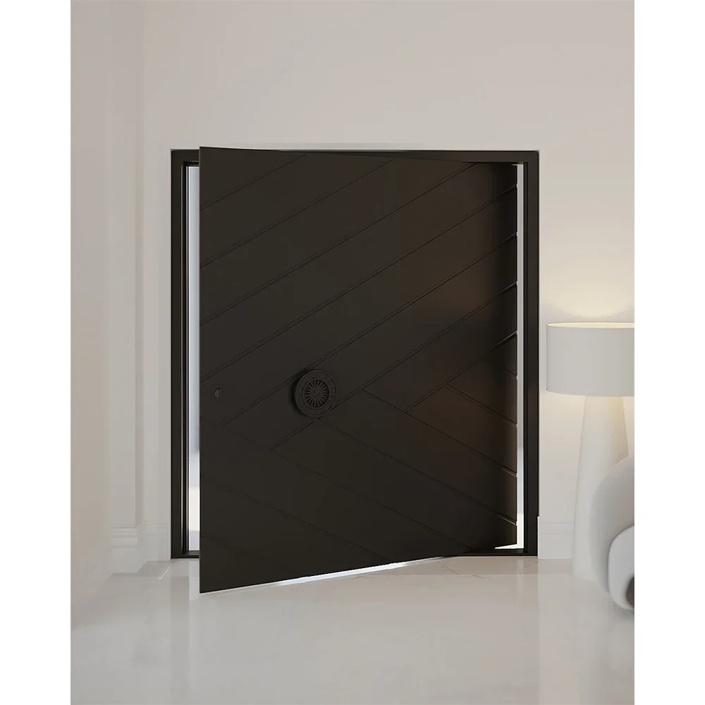Matte black wrought iron front door with artistic handle for house decoration and security