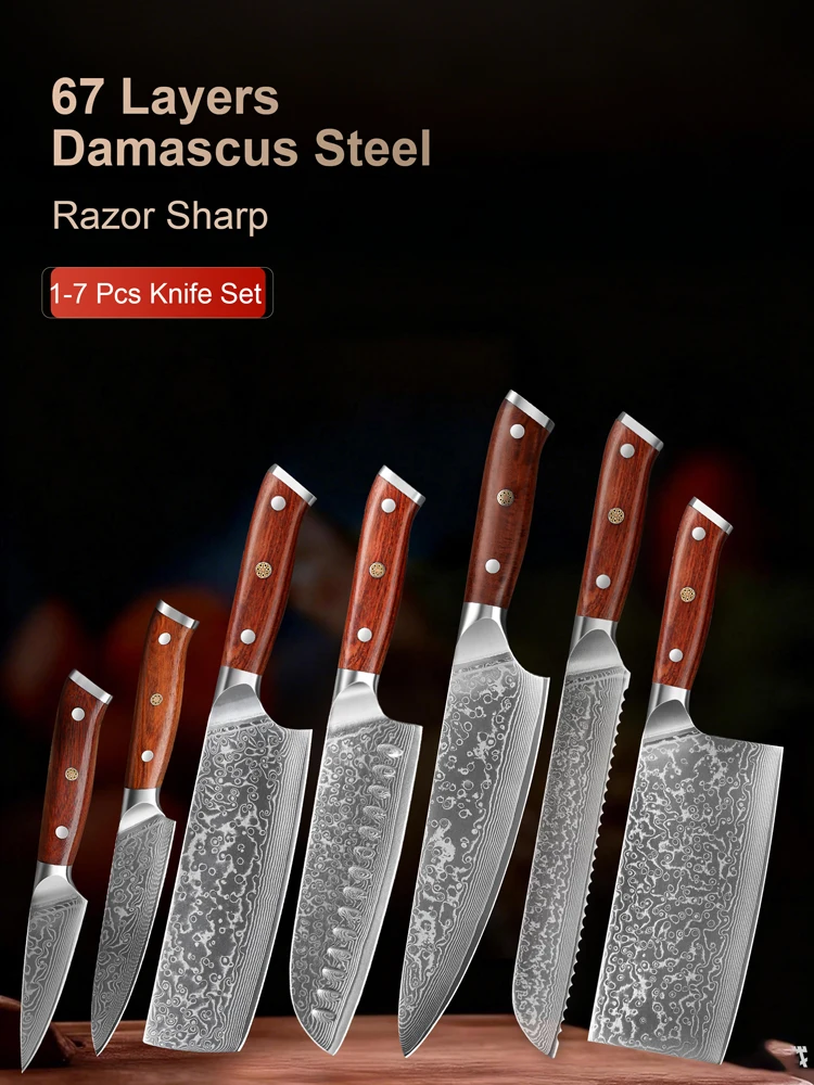 7-teiliges Kochmesser-Set Küchenmesser-Set 67-Lagen Damaszener Stahl Rosenholzgriff 60HRC Schärfe Geschenkbox Küchenwerkzeug