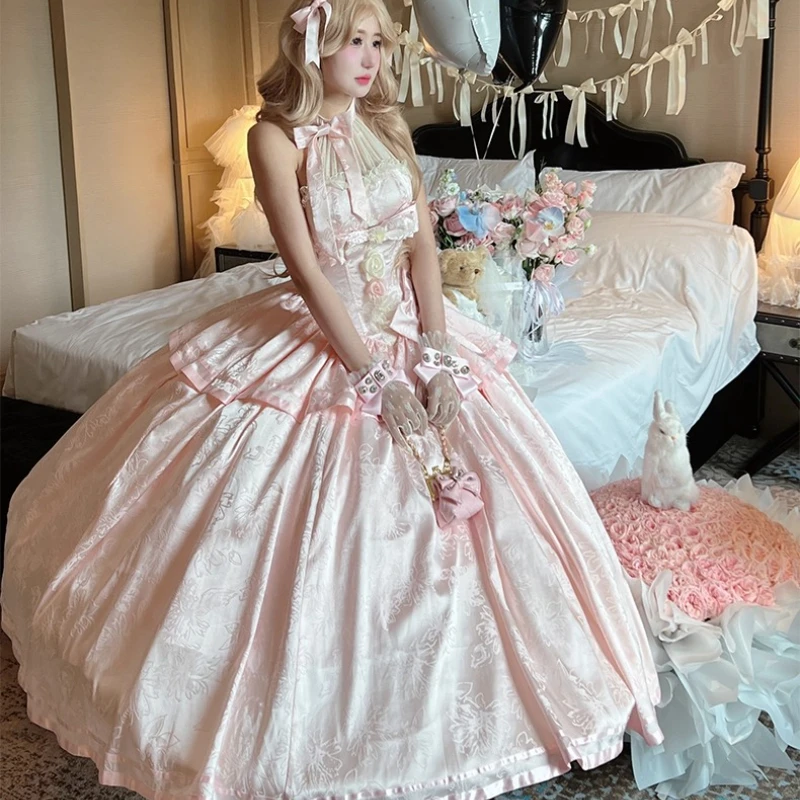Doce casamento rosa maxi vestido francês elegante doce arco fora do ombro halter princesa noite meninas vestidos de fadas da mulher 2025