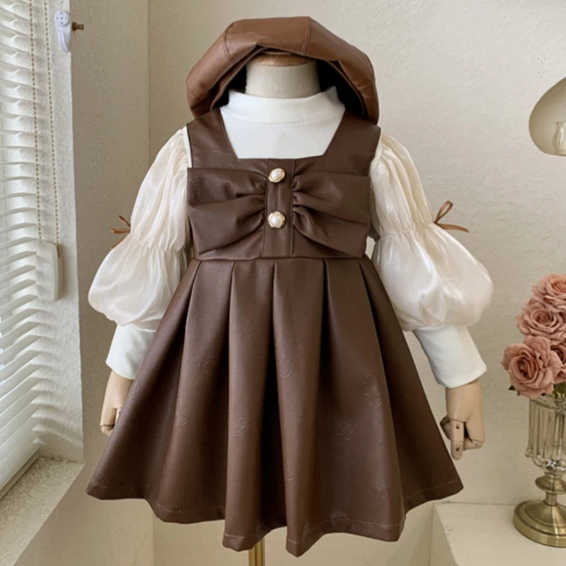 2025 Spring Autumn 1 2 3 4 6 8 10 Years Children Clothing Puff Sleeve T-Shirt+Leather Vest Dress Two Pieces Suits Kids Girls Set