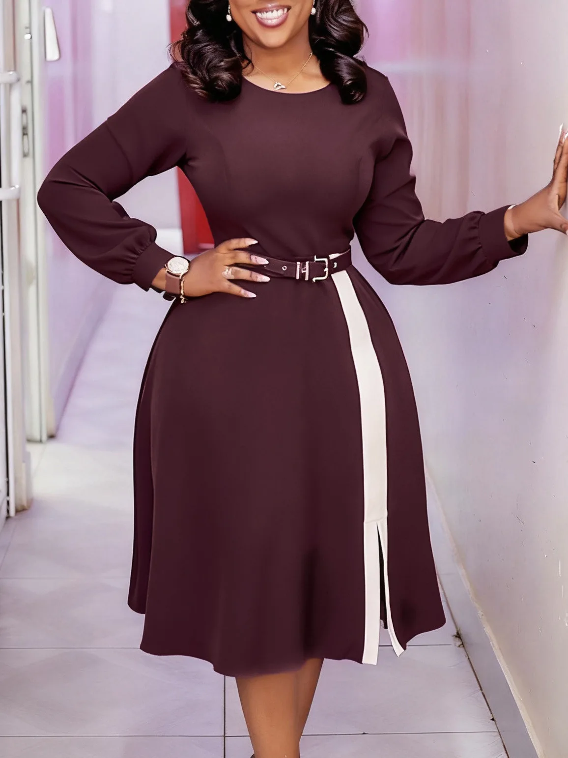 

Women's Elegant Multi-Color High-Waisted Long-Sleeve Round-Neck Dress Solid Color Large Size 2026 New Style