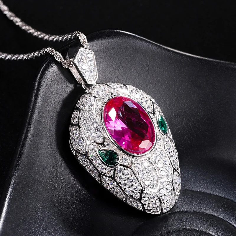 brand genuine Luxury real jewels S925 All-body Silver Imitation Rose Red Zirconium Creative Snake Head Pendant Necklace Main Sto