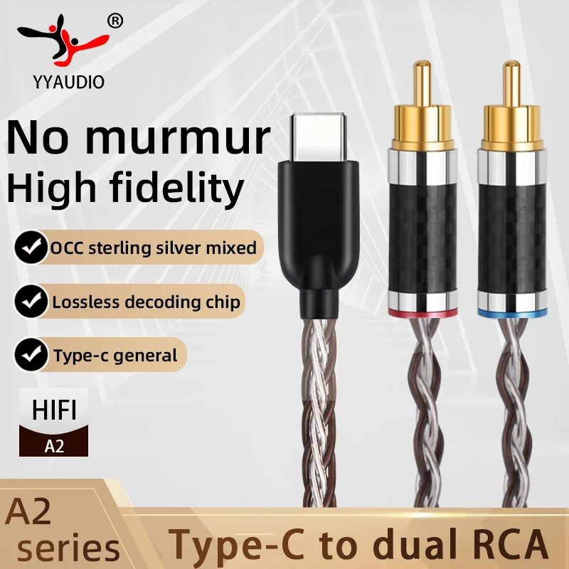 OCC + Pure Silver USB Type C to 2 RCA  Audio Cable 12 Cores 2rca Jack Type-C Cable for Huawei Sumsung Xiaomi Speaker