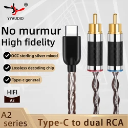 OCC + Pure Silver USB Type C to 2 RCA  Audio Cable 12 Cores 2rca Jack Type-C Cable for Huawei Sumsung Xiaomi Speaker