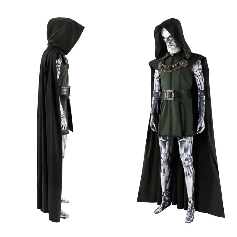 Costume cosplay Dr Doom nero, gilet, tuta, casco, set completo e articoli individuali venduti, abito da uomo di Halloween su misura