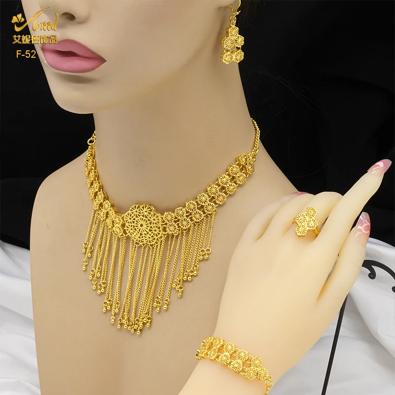 ANIID Ethiopian Dubai Tassel Gold Color Jewelry Sets For Women Wedding Indian Bridal Necklace And Earring 4Pcs Set Party Gifts
