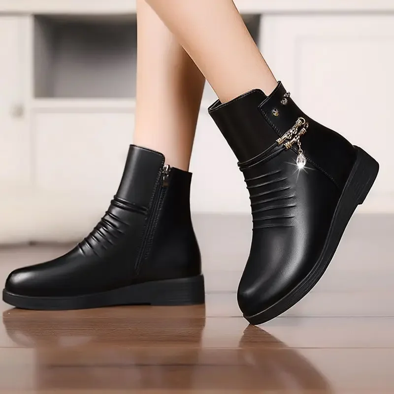 Comemore Padded Flat Ladies Leather Shoe Warm Elderly Women\'s Shoes Soft Bottom Short Boot 2024 Women Autumn Winter Cotton Boots