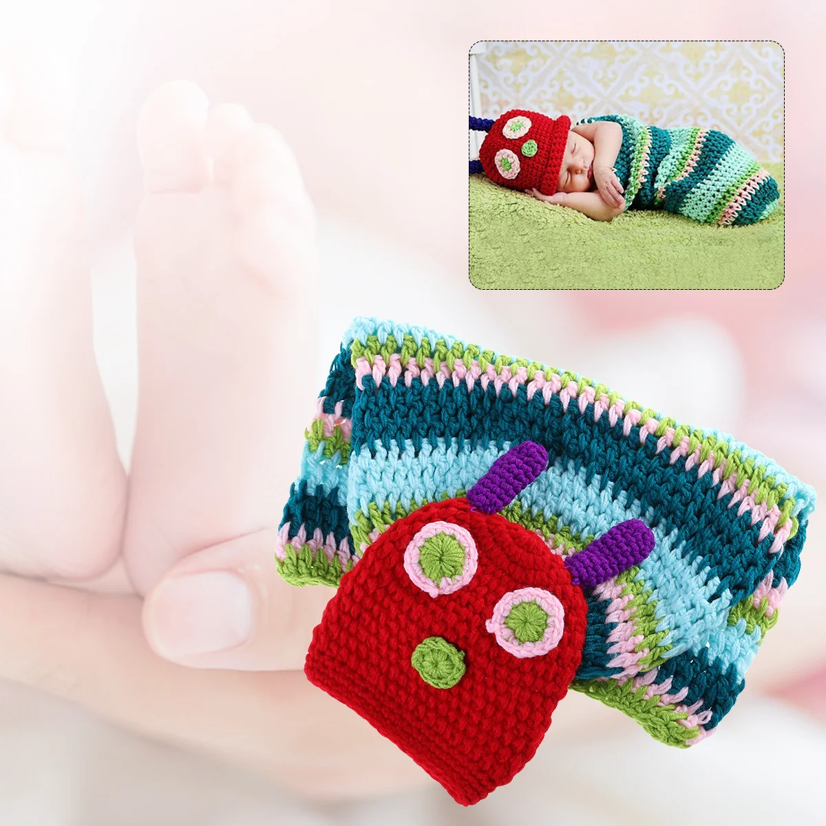 قبعة كروشيه للأطفال كاتربيلر زي اليدوية محبوك الملابس مجموعة لمدة 3-6 أشهر الرضع الوليد صور تبادل لاطلاق النار الدعامة