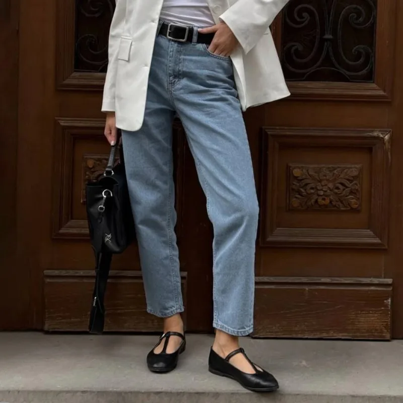 Women's High-Waisted Straight-Leg Jeans: Vintage Solid-Color Cotton Ankle-Length Slim-Fit Denim Pants, Casual Trousers