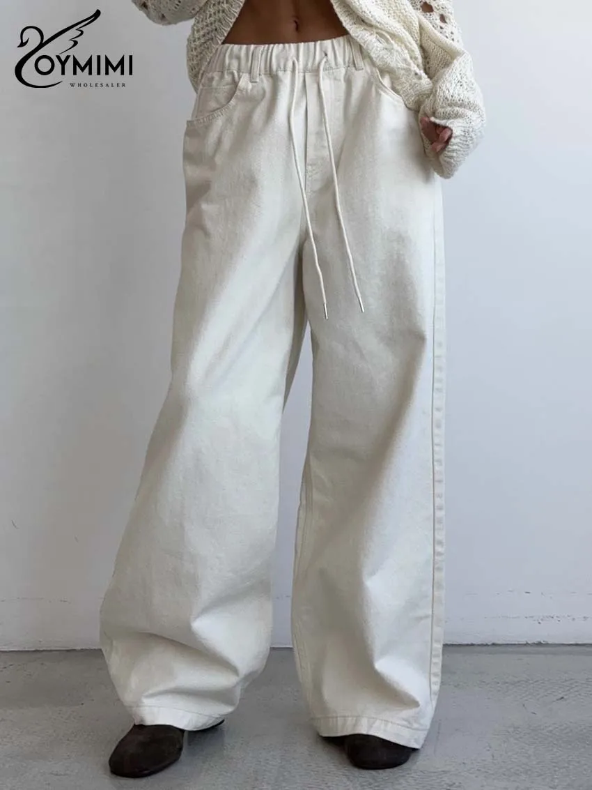 

Oymimi Elegant White Cotton Women Pants Fashion Drawstring Pockets Trousers Casual Straight Full Length Pants Female Clothing