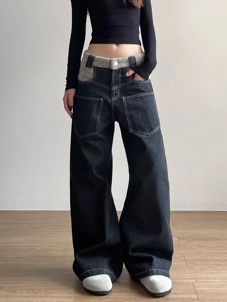 

2025 Cyber Y2K Style Washed Black Лоскутные мешковатые джинсы Брюки для женщин Дизайнерская одежда Широкие женские длинные брюки Ropa Mujer