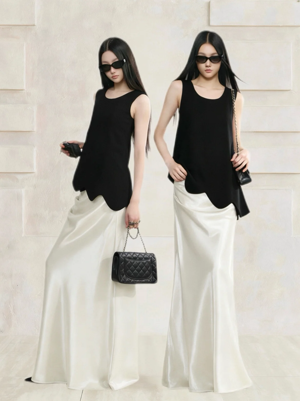 

Elegant Aileen Sleeveless Vest Top And Fish Tail Half Skirt Set in Satin for Summer Casual Wear High Waist Universal Fit