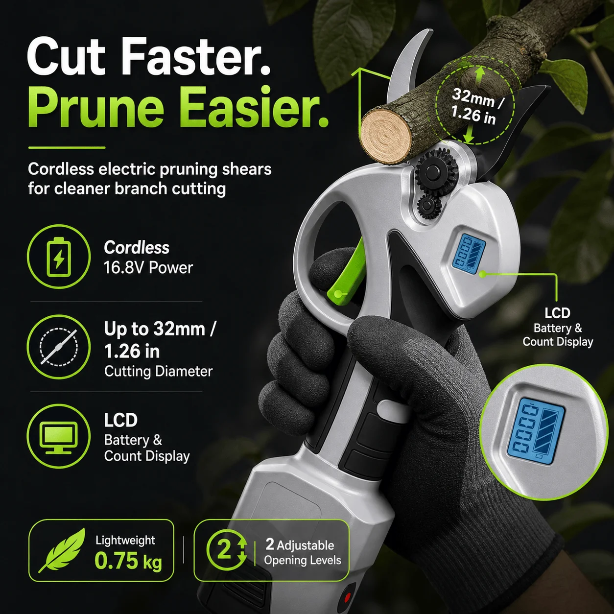 16.8V Cordless Electric Pruning Shears LCD Display 32mm Cut High Carbon Steel Blade Rechargeable Garden Branch Cutter For Orchar