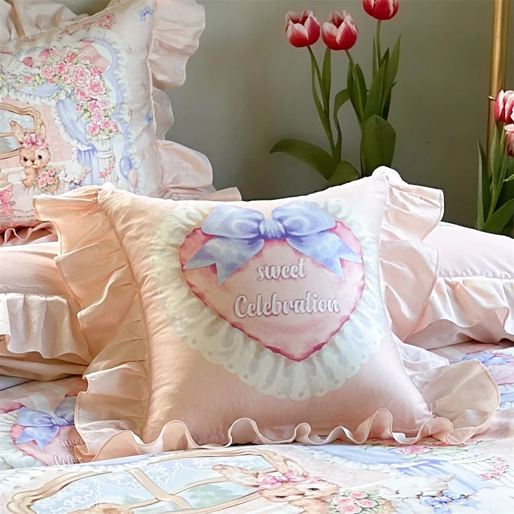 Cotton Detachable Cored Pillow Cute Girl's Lace Square Pillow Sofa Cushion Bow Love Printed Pillow Princess Sweet Style 35x35cm
