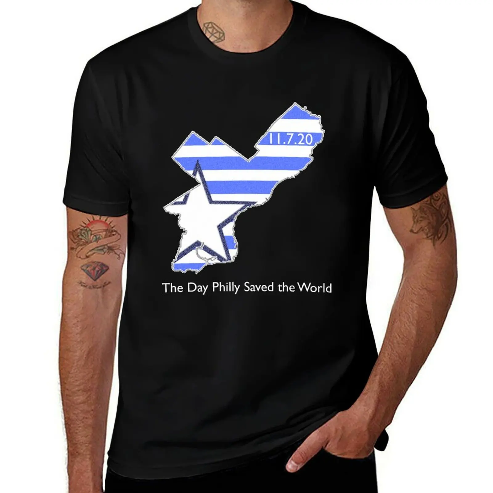 The Day Philly Saved the Word (Blue Stripe-White Text) T-Shirt Moisture Wicking Quick Dry Tee T-Shirt