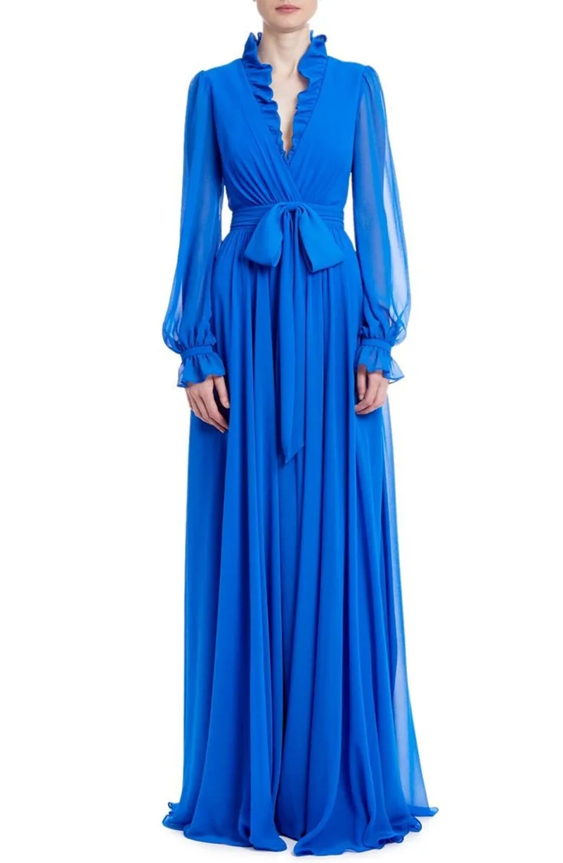 

Customized Long Royal Blue Chiffon Prom Dresses with Ruffles A-Line V-Neck Zipper Floor Length Evening Dresses for Women