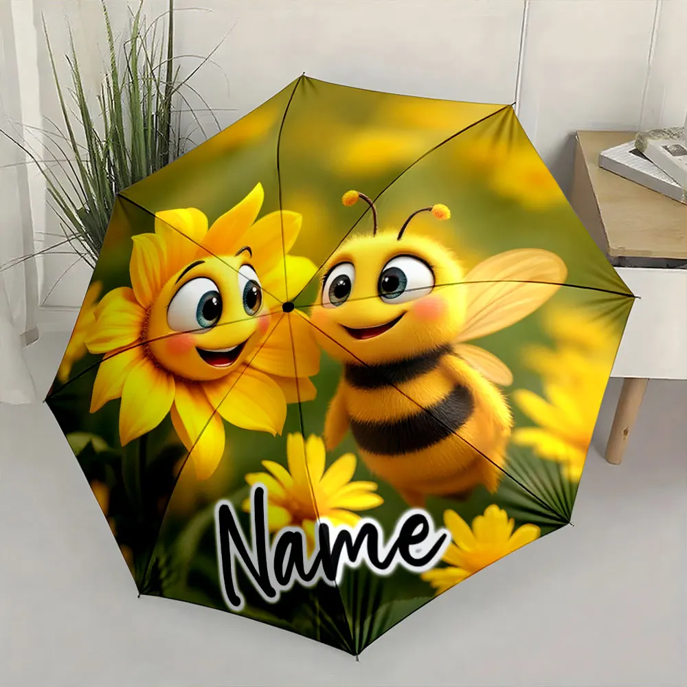 Custom Name  Cheerful bee and sunflower design umbrella Print 8 Iron Ribs Folding Umbrella Auto-Open Fashion Sunshade