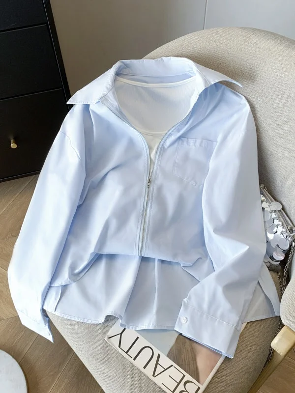 

Повседневная женская рубашка с длинным рукавом и белым воротником, свободного кроя, весенне-осенний дизайн, имитация двухслойности