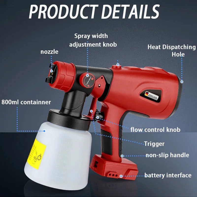 Imagem -04 - Pistola de Pulverização Portátil Elétrica sem Fio Alta Potência Pulverizador de Tinta para Makita Dewalt Bosch Milwaukee Ryobi Bateria 18v 800ml