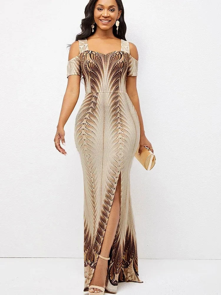 

2023 Dresses for Women Fashion Printed Cold Shoulder Short Sleeve Slim Fit Maxi Dress Vestidos De Mujer Elegant Evening Dress