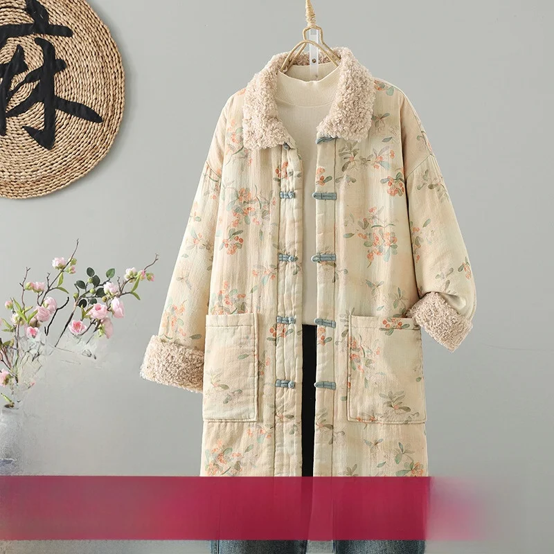 New Chinese Sle Patchwork Woolen Collar Floral Cotton Jaet Women's Warm Mid-Length Robe Polyester Filling Thiened Long ...
