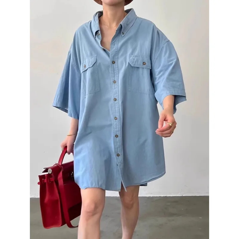 

SuperAen Single-breasted Short-sleeved Denim Shirt New Summer Retro Blue Loose Asymmetrical Korean Style Simple Tops