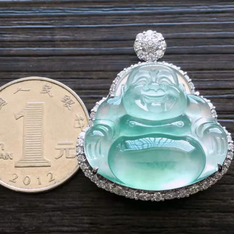 Natural Full Green Ice-like Jadeite Jade Buddha Pendant Myanmar 18K Gold Inlaid