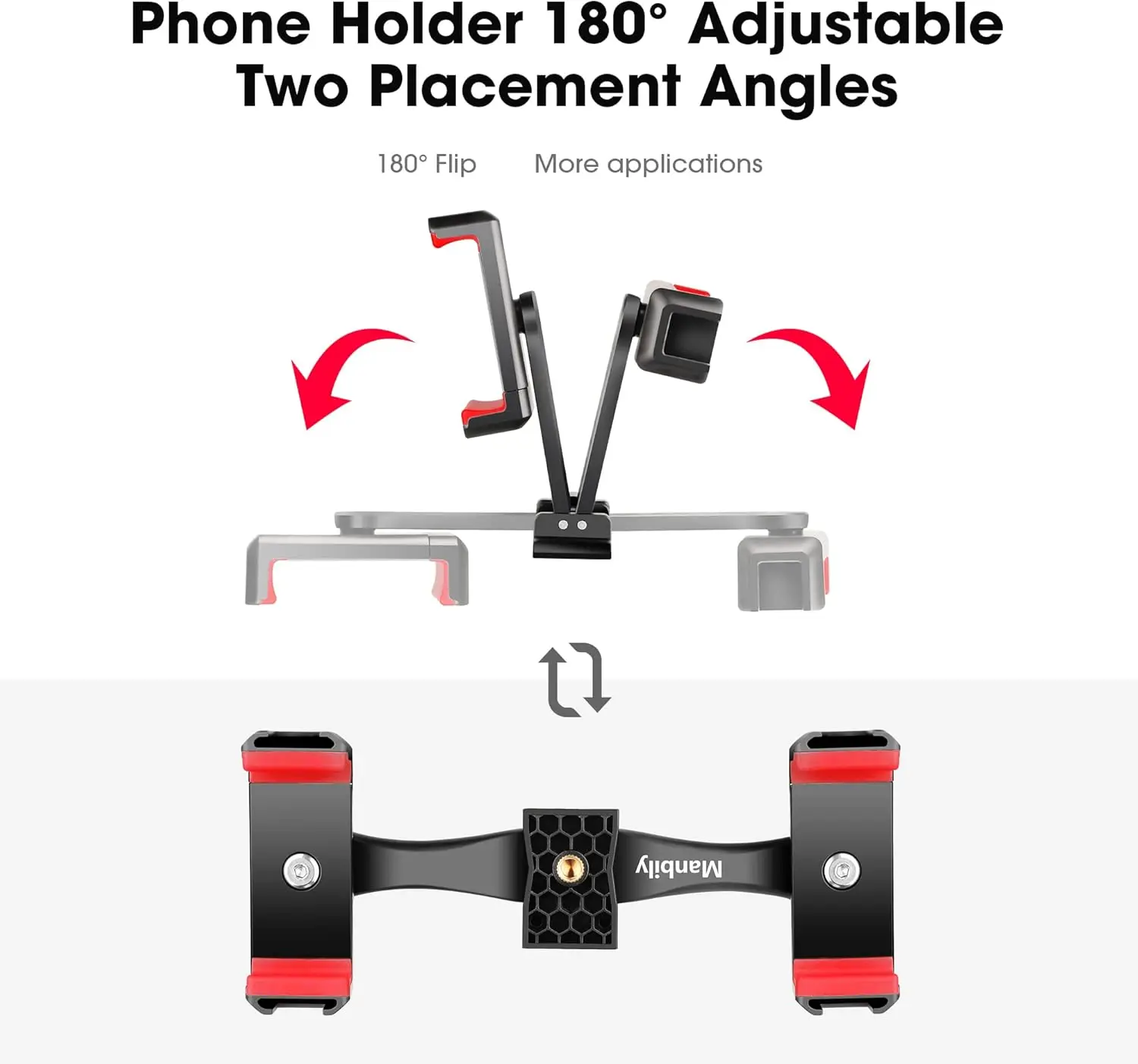 360° Rotatable Dual Cell Phone Holder Clip Clamp 4 Cold Shoe, 1/4\'\' Screw Tripod Monopod Selfie Stick Vlog Live Streaming Video