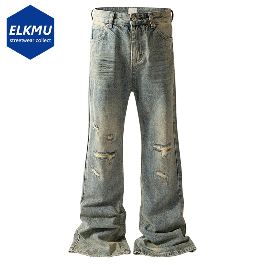 

Vintage Ripped Baggy Flared Jeans Distressed Retro Blue Denim Pants Luxury Designer Men Jeans Trousers