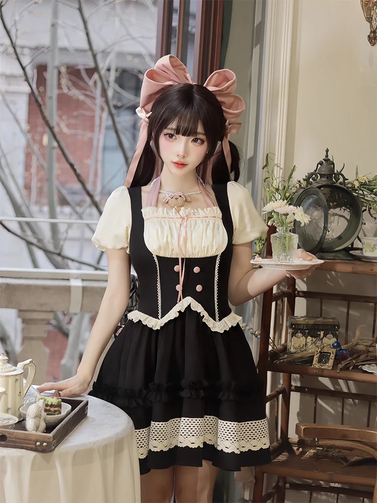 

Sweetheart Op With Puji Original Black And Pink Fake Two-piece Short Sleeved Op Dress Cos Summer Lolita Girl Tea Party Dress